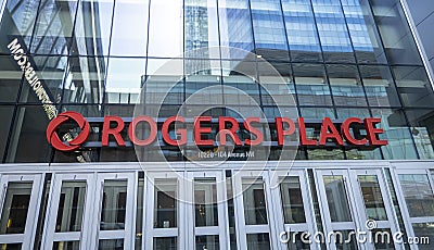Close up front view to the main Entrance sign at the Rogers Place Editorial Stock Photo