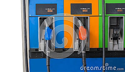 Close up front view two fuel nozzle fuel oil gasoline at petrol Stock Photo