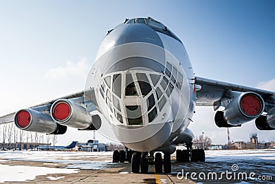 Close-up front view of widebody cargo aircraft in a cold winter airport Stock Photo