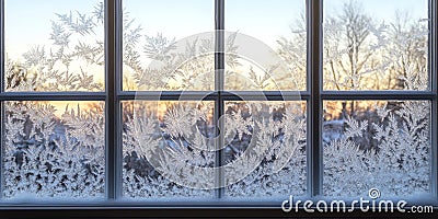 A close-up of a frosty windowpane with intricate ice crystal patterns. The light filtering through Stock Photo