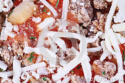 Close-up of frozen pizza with meat Stock Photo