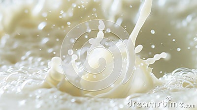 Close-up of a frozen splash of foamy milk with splashes. Milky background. Stock Photo