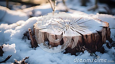 Close up of a frozen Tree Stump surrounded by Frost. Natural Winter Background Stock Photo