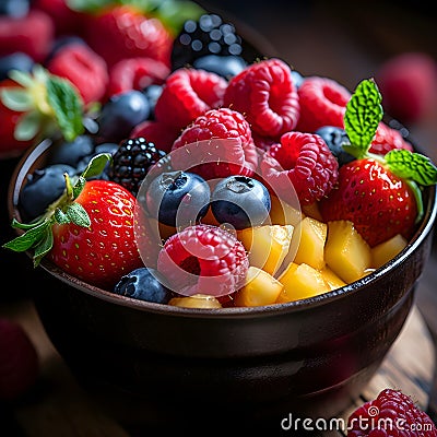 Close-up of fruit salad with raspberries, strawberries, blackberries and pineapple pieces Stock Photo