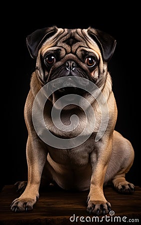 Close up studio portrait nice cute pug dog sitting and looking in camera isolated on black background. Generative AI Stock Photo