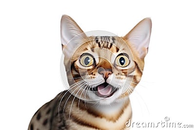 Close-up Funny Portrait of Surprised Bengal Cat Isolated on White and png Transparent Background Stock Photo