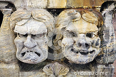 Close-up of funny soapstone masks Stock Photo