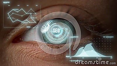 Close up futuristic ceo eye analysing process checking financial benefits Stock Photo