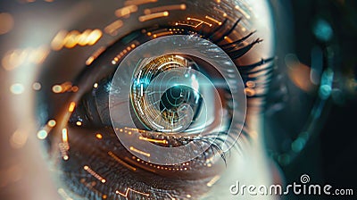 Close-up of a futuristic device showing a biometric scan overlay on a person's eye, integrating physical and digital Stock Photo