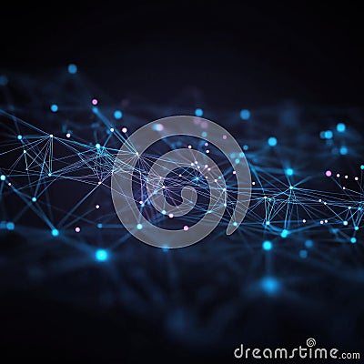 Close-up of futuristic network structure with glowing particles, chips, wires. Geometric shapes, nodes connect to form complex Stock Photo