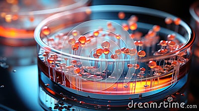 Close-up of a futuristic petri dish with colonies of bacteria. Microbiology concept. Top side view. Generative AI Stock Photo