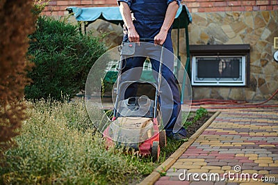Close-up gardener in work uniform, mowing backyard grass, moving after a push electric lawn mower. Landscaping concept Stock Photo