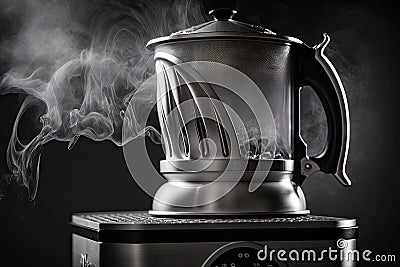 close-up of geyser coffee maker, with steam wafting from the spout and hot water ready to brew Stock Photo