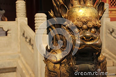 Close-up of a Gilded lion statue, Forbidden City, Beijing Stock Photo