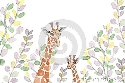 Watercolor giraffes in eucalyptus leaves, painted with a brush, handmade. Mother and child. A picturesque composition for cards, m Stock Photo