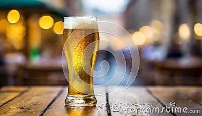 Close-up of glass of cold beer glass with foam on table. Cool beverage. Alcoholic drink Stock Photo