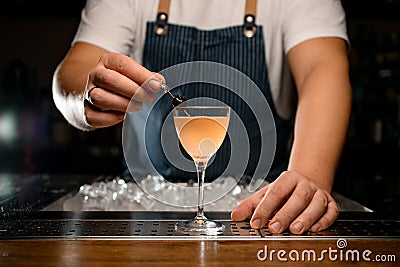 Close-up of glass of drink and hand of bartender which decorate it with berry Stock Photo