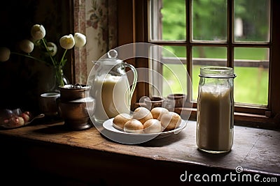 Close up of a glass of milk and three potatoes on a light wooden table Stock Photo