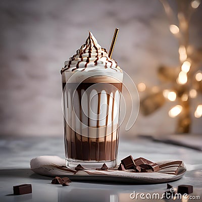 A close-up of a glass of milkshake with chocolate drizzle and whipped cream1 Stock Photo