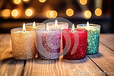 close-up of glittered candles on wooden surface Stock Photo