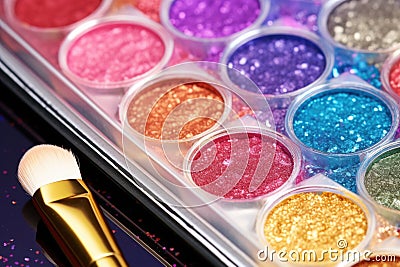 close-up of glittery face paint palette and brushes Stock Photo