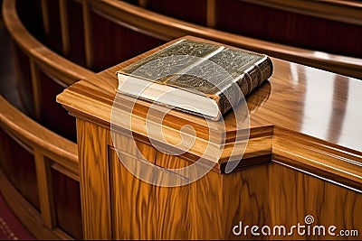 close-up of a glossy wooden pulpit with bible Stock Photo