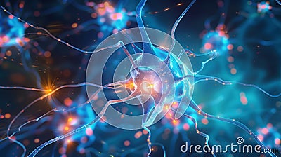 Close-up of glowing activated brain neurons. Neural network of the brain, neural activity. Brain function, learning and cognition Stock Photo