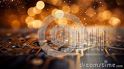 Close up of glowing computer chip with intricate circuitry and dreamy bokeh background Stock Photo