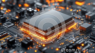 Close-Up of Glowing Computer Microchip Circuit Stock Photo