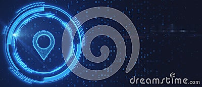Close up of glowing digital map pin on background with mockup space. Futuristic navigation concept. 3D Rendering Stock Photo