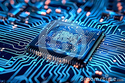 Close-up of a glowing microchip on a circuit boardadvanced technology, digital processing Stock Photo