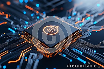 Close-up of a glowing microchip embedded in a circuit board, showcasing modern technology and advanced computing Stock Photo