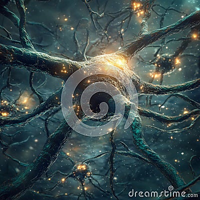 Close-up of glowing neuron networks in a dynamic neural environment Stock Photo