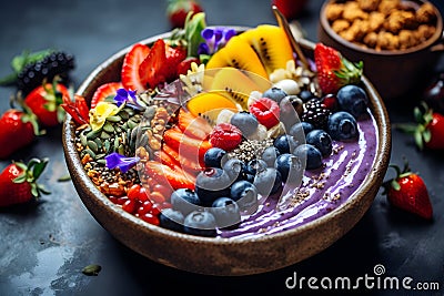 Close-up gluten-free rainbow-hued smoothie bowl with edible flowers and superfoods for a vibrant breakfast Stock Photo