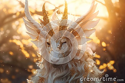 A close up of a goat with a golden crown on it's head. Generative AI image. Stock Photo