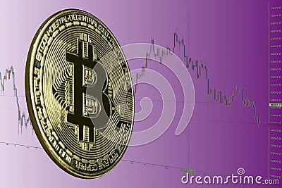 Close-up of gold Bitcoin coins and candlestick on the Violet velvet gradient Stock Photo