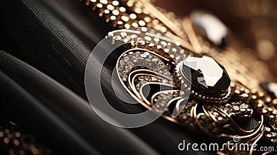 A close up of a gold and black necklace, AI Stock Photo