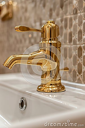 A close up of a gold faucet on the sink in front, AI Stock Photo