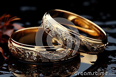 Close up gold wedding rings with small diamonds Stock Photo