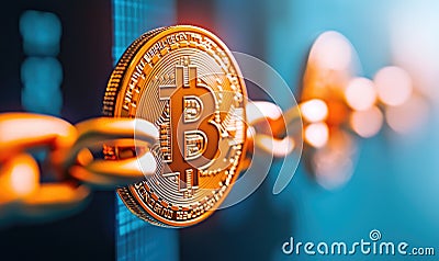 Close-up of a golden Bitcoin linked to a chain, symbolizing modern digital currency and blockchain technology Stock Photo