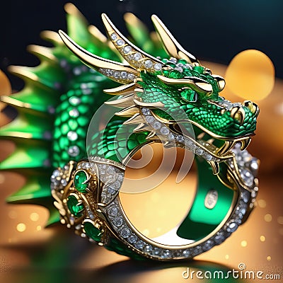 Close up of golden dragon ring with green emerald and diamonds.Symbol of new year 2024 Stock Photo