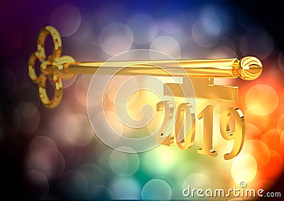 Golden key New Year over blurred background, 3D illustration, 2019 Cartoon Illustration