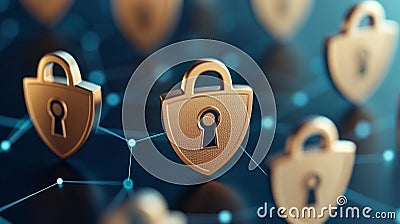 Close up of golden padlocks suspended in a network grid, symbolizing cybersecurity, data privacy, and resilient encrypted commu Cartoon Illustration