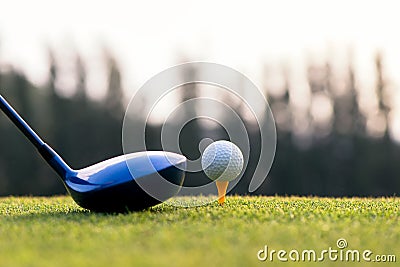 Close up golf ball and driver, player doing golf swing tee off on the green sunset evening time, Stock Photo