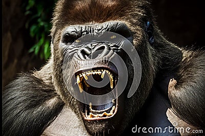 Close up of gorilla with its mouth open and it's mouth wide open. Generative AI Stock Photo