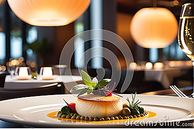 Close-up of a gourmet dish at a high-end restaurant expertly plated, glistening under accentuated w Stock Photo