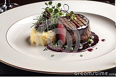 Close-up of a gourmet dish from a high-end restaurant featuring a perfectly seared filet mignon sit Stock Photo