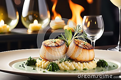 Close-up of a gourmet meal at a high-end restaurant featuring seared scallops adorned with a delicious Stock Photo