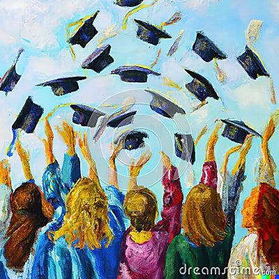 a close up of graduates throwing graduation caps painting Stock Photo