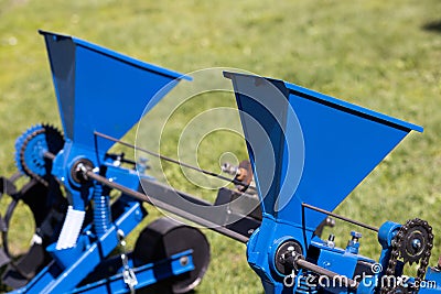 Close up of grain compartments on seeders for agriculture Stock Photo